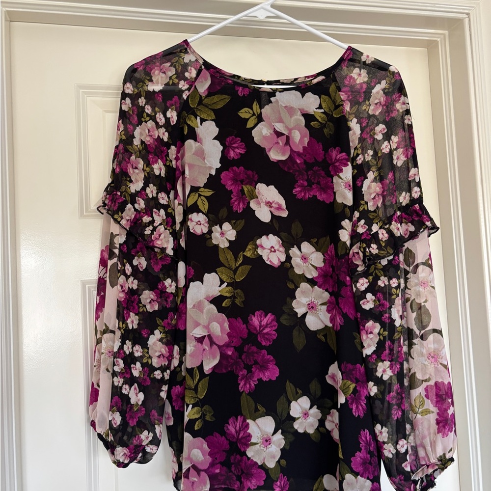 Calvin Klein Sheer Blouse - Black with Pink Floral Print